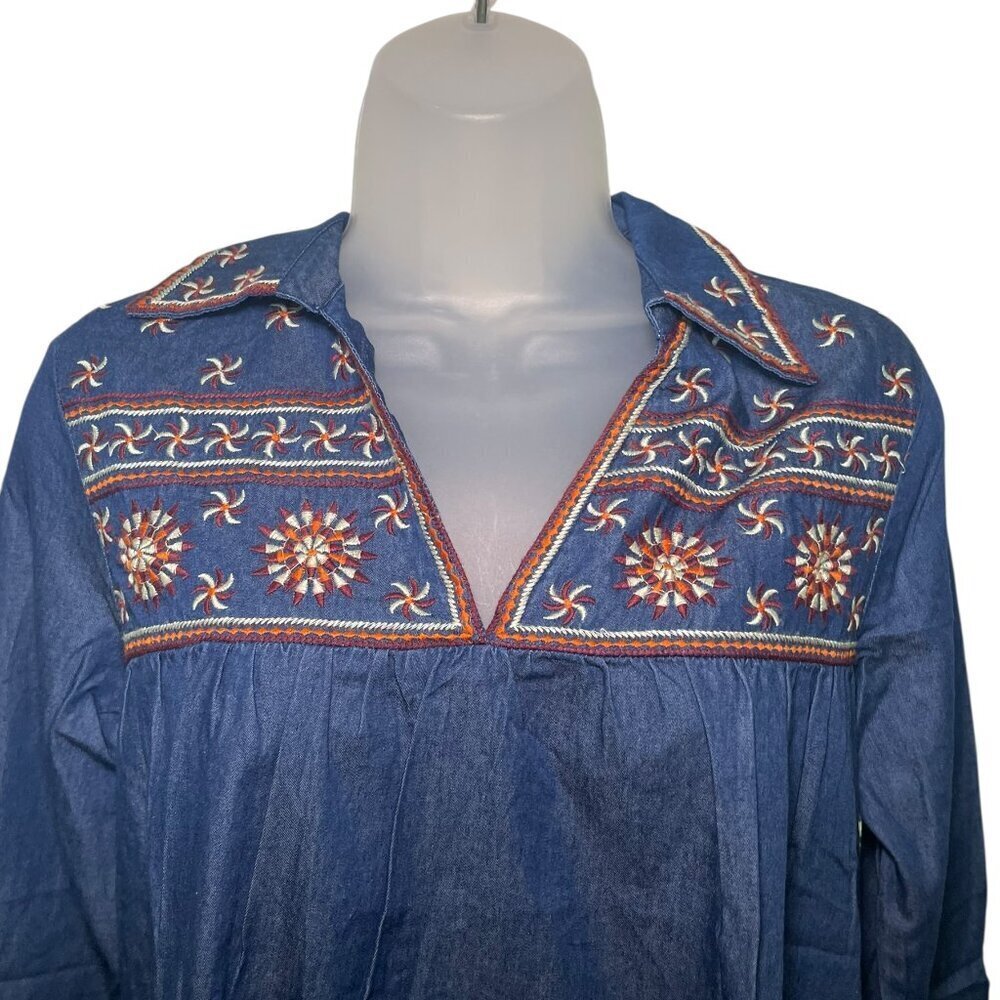 Guadalupe Designs Ellie Floral Denim Tunic Dress Embroidered Boho NWT Size M - Picture 3 of 6
